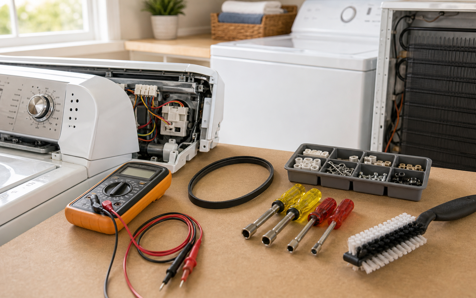 Appliance repair tools arranged beside washer and dryer parts